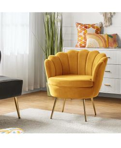 Velvet Accent Chair with Shell Shaped Back, Modern Cute Living Room Bedroom Armchair with Gold Legs, Comfy Upholstered Vanity Chair for Makeup Room, Y
