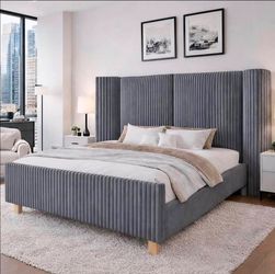 Modern Queen Bed Frame With Plush Corduroy Headboard