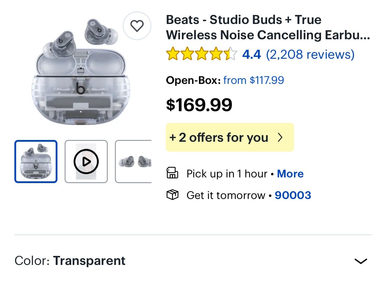 Beats Studio Buds - True Wireless Noise Cancelling Earbuds (Transparent) - $100