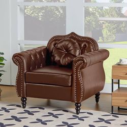 Accent Chair, Modern Chesterfield Leather PU Living Room Armchair, Mid-Century Modern Single Sofa Chair Upholstered Tufted Arm Chair with Pillow for L