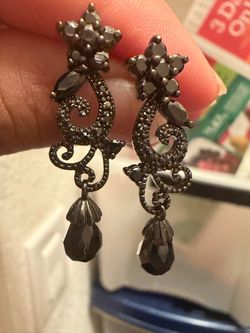 Sterling Silver 925 Filigree Dangle Earrings Black CZ Stones Vintage‑Style Elegant