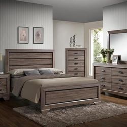 🔥 Brand New Wood Grain Queen Bedframe + Dresser + Mirror + Nightstand 4PCs Set