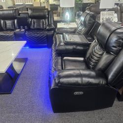 Brand New Black Synthetic Leather LED Power Reclining Sofa + Loveaeat With Bluetooth, Cup Holders, Speakers