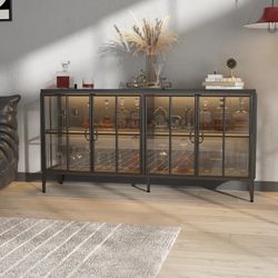 Buffet LED Light Industrial Glass Sideboard with Metal Frame and Tempered Glass Doors - Black