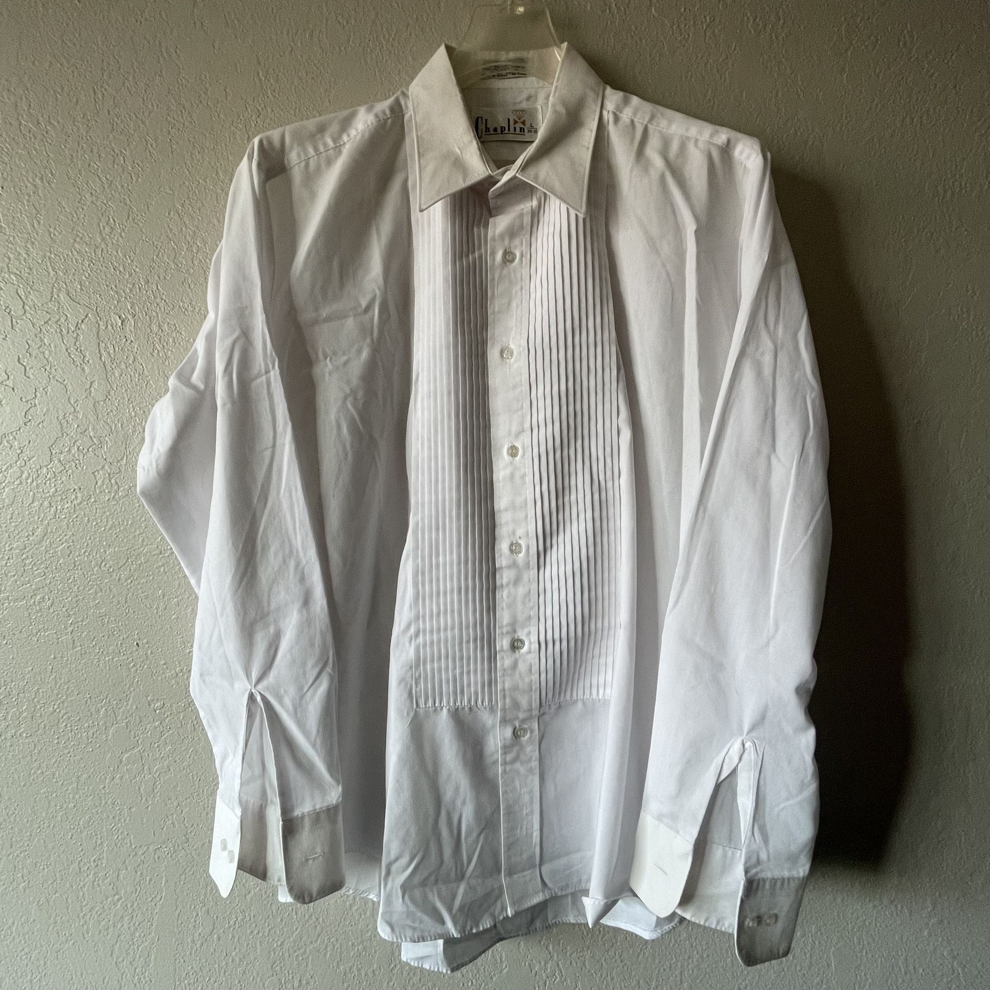 Chaplin, Mens White Longsleeve Pleated Tuxedo Button Up Dress Shirt, Size L