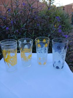 GLASS TUMBLERS WITH DIFFERENT SCENES,  HORSES,  CARRIAGES,  MEN AND WOMEN AND OTHER THINGS