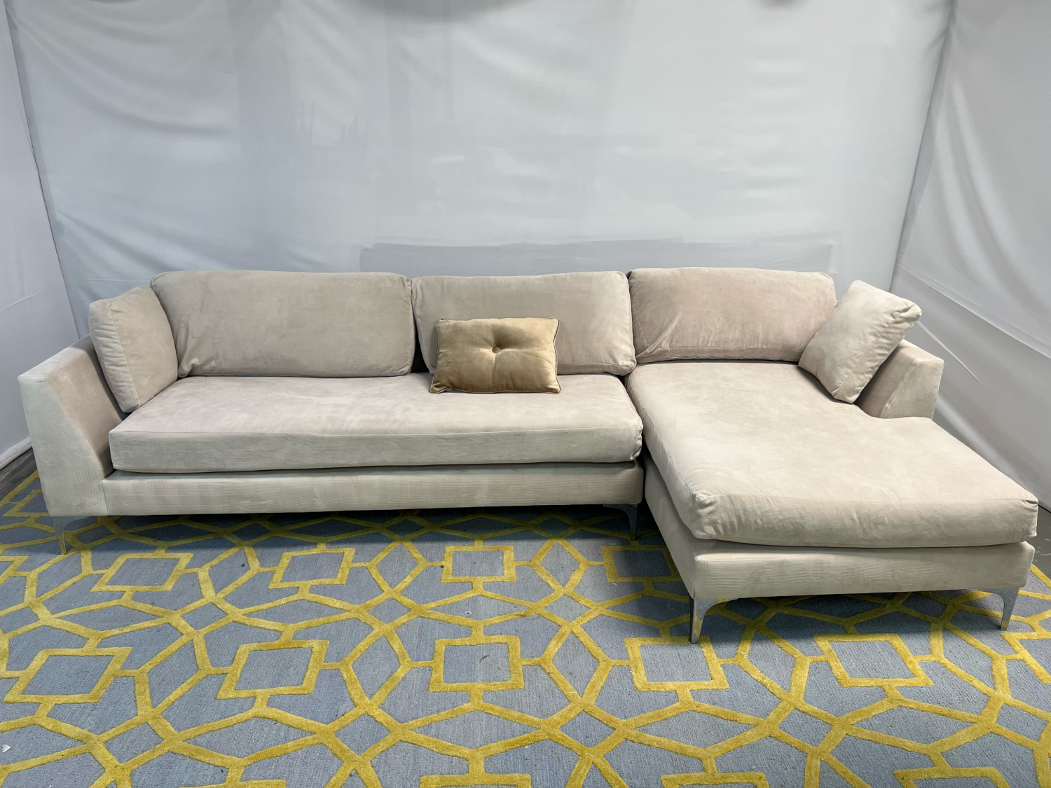 ( Delivery Available ) Bella Pearl Velvet Cream White Sectional Couch