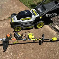 Ryobi 40V HP Brushless 20 in. Cordless Electric Battery Walk Behind Self-Propelled Mower with 6.0 Ah Battery and Charger string trimmer used 240