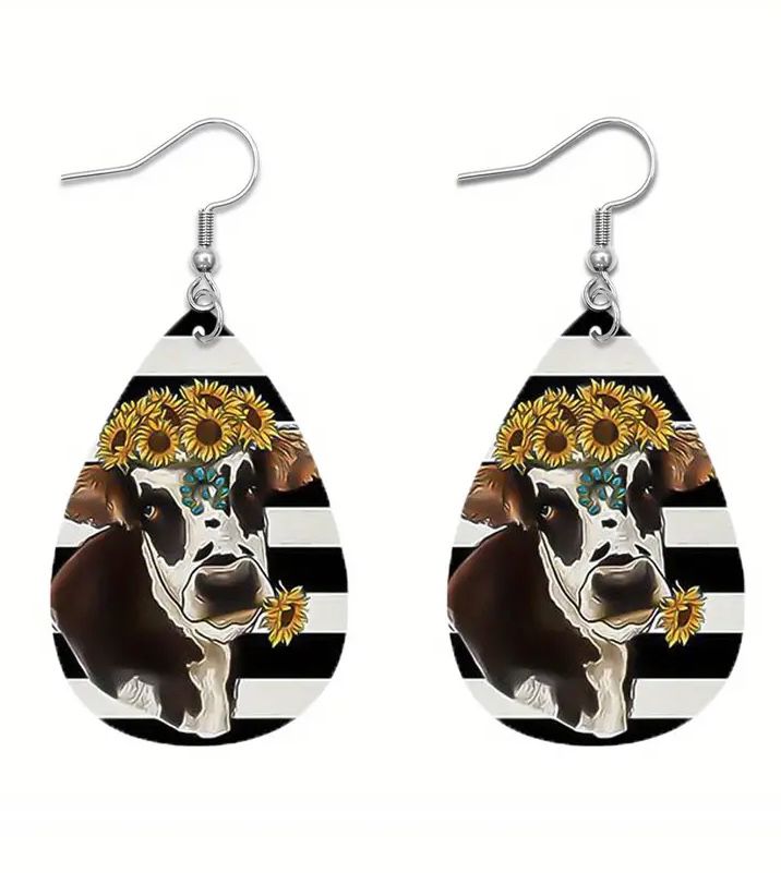 Black And White Striped Cow And Sunflower Faux Leather Earrings 