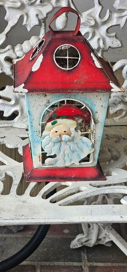 Vintage Rustic Metal Santa Claus Christmas Candle Lantern!