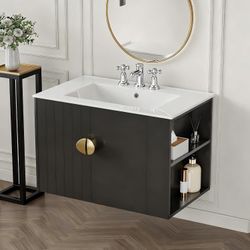 Please note that it does not include a ceramic sink. 30-inch black painted floating vanity unit, without sink and right-side shelf 30-inch