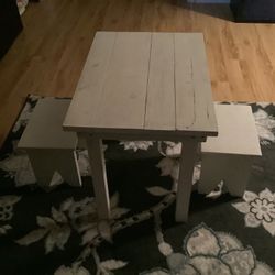 Handmade Children’s White Table With Two Stools 