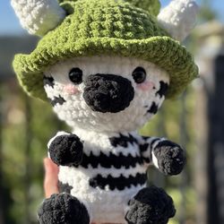 Sitting Zebra 🦓 in Frog Bucket Hat 🐸 Handmade 🧶 Crochet 🧶 Plushie