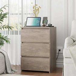 3 Drawers Nightstand with Charging Station, Side Table with Storage for Living Room, Bedside Nightstand for Bedroom, Wash Gray