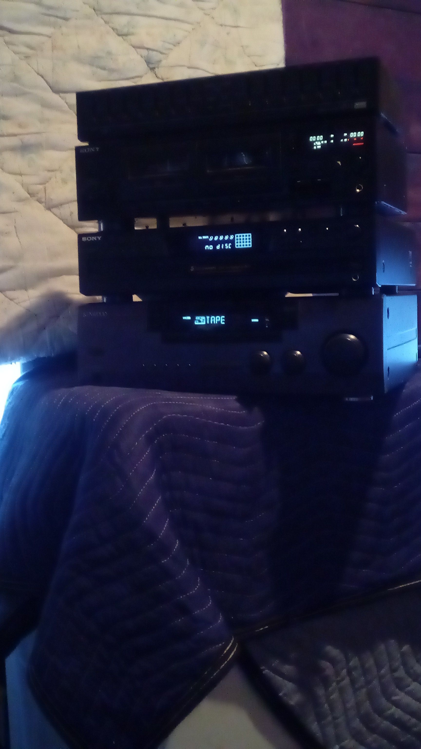 House stereo system kenwood receiver Sony 5 disc CD player and a Sony cassette double tape and eq also six speakers in a mini sub Sharp brand