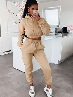 Beige Crop Hoodie and Jogger Set