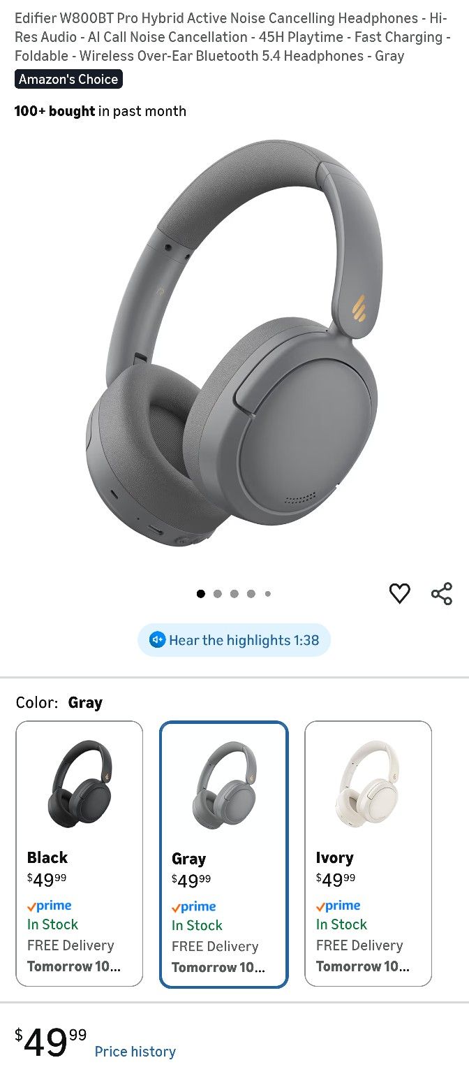 Edifier W800BT Pro Hybrid Active Noise Cancelling Headphones - Hi-Res Audio - AI Call Noise Cancellation - 45H Playtime - Fast Charging - Foldable - W