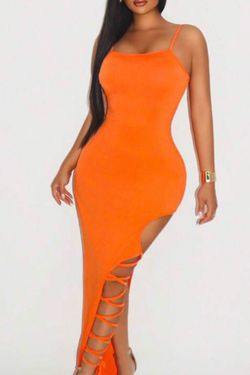 Criss-Cross Strap Asymmetric Hem Bodycon Orange Cami Dress Maxi Women Outfit 12