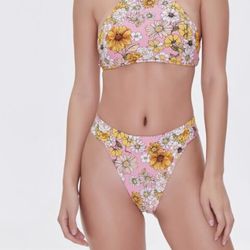 Forever 21 Medium Pink Yellow Floral Daisy High Waist Cheeky Bikini Bottom Swim