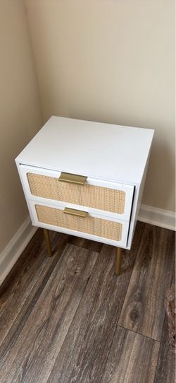 White Rattan 2-Drawer Nightstand with Gold Hardware