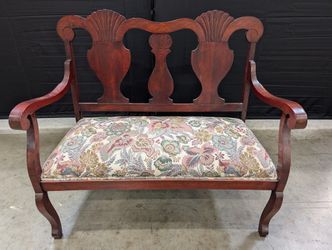 Vintage Carved Wood Parlor Bench with Floral Upholstery