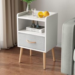 Nightstand with fabric drawer, beside table with solid wood legs , minimalist end side table