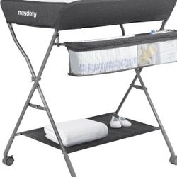 Baby Changing Table with Wheels, Maydolly Portable Adjustable Height Folding Diaper Station with Nursery Organizer & Storage Rack 