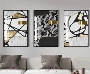 QKF 3Pcs Black White Gold Abstract Geometric Crystal Framed Canvas Wall Art. 20x28