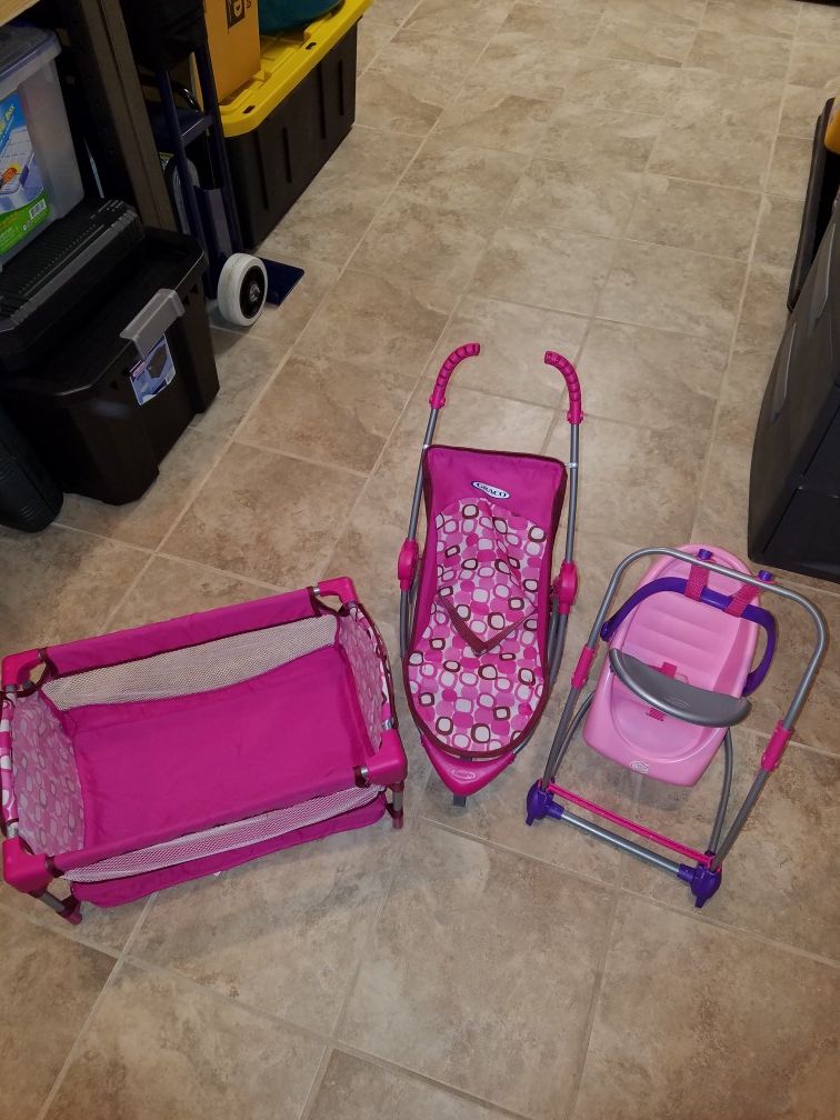 Baby doll stroller, crib and swing