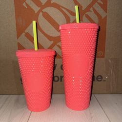Neon Coral Starbucks Studded Cup Set