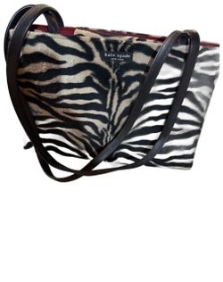 Vintage Kate Spade New York Zebra Chenille Shoulder Bag – Black Leather Straps, Red Lining