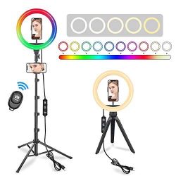RGB LED Ring Light with Adjustable Tripod Stand, 2 Phone Holders & Remote