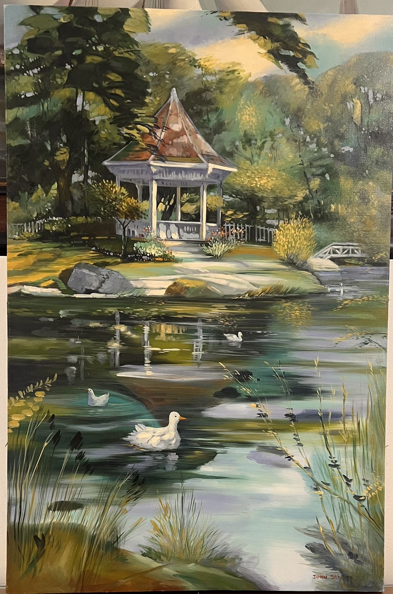 “ Lake of Gazebo”Original Oil Painting, 24”x36” .French Country with signature.