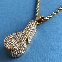 Men’s Gold On Stainless Steel Sparkling CZ Whistle Pendant On Rope Chain *Pickup Boca Raton Or Ship Nationwide