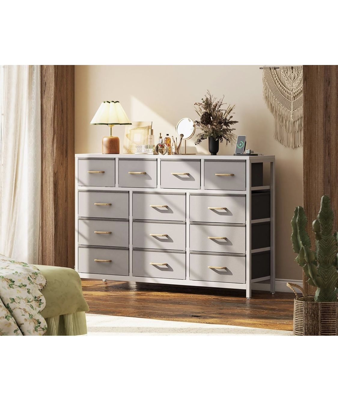 Dresser for Bedroom with Charging Station 55" Long with 13 Storage Drawers Large Fabric Drawer