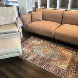 Camel Couch, Chair With Ottoman, Rug