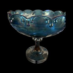Vintage Indiana Glass Iridescent Blue Carnival Compote Bowl – Teardrop Garland Pattern, Mid-Century Pedestal Dish, Retro Home Decor