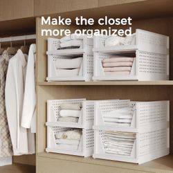 4 Pcs Stackable Plastic Storage Basket, Foldable Closet Organizers - White