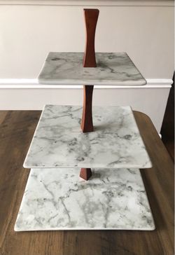 3-Tier Marble and Wood Serving Stand