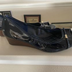 Cole Haan Women's Wedge Pump Shoes Blue Leather Braided Logo Strap Slip On 8.5b