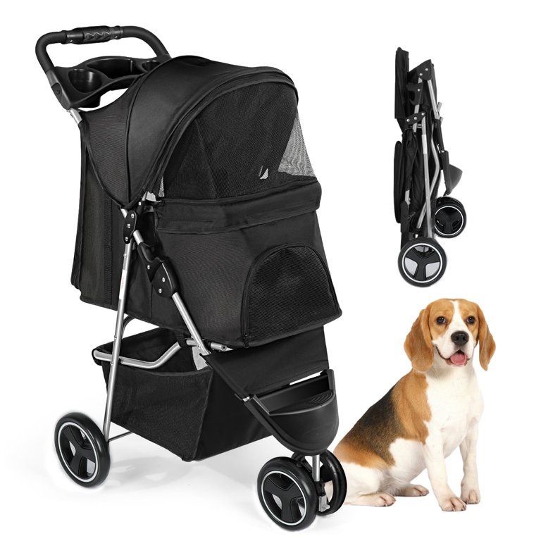 3 Wheels Foldable Pet Strollers with Storage Basket and Cup Holder for Small and Medium Cats, Dogs, Puppies