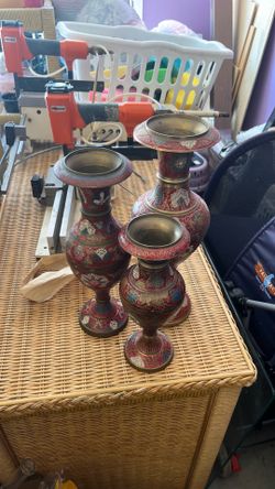 3 vintage Indian enameled and hand etched brass vases