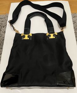 Tory Burch Black Nylon Patent Leather Large Tote Gold Logo. Very good cond.