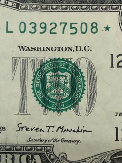 Completely filled/solid $2 dollar star note