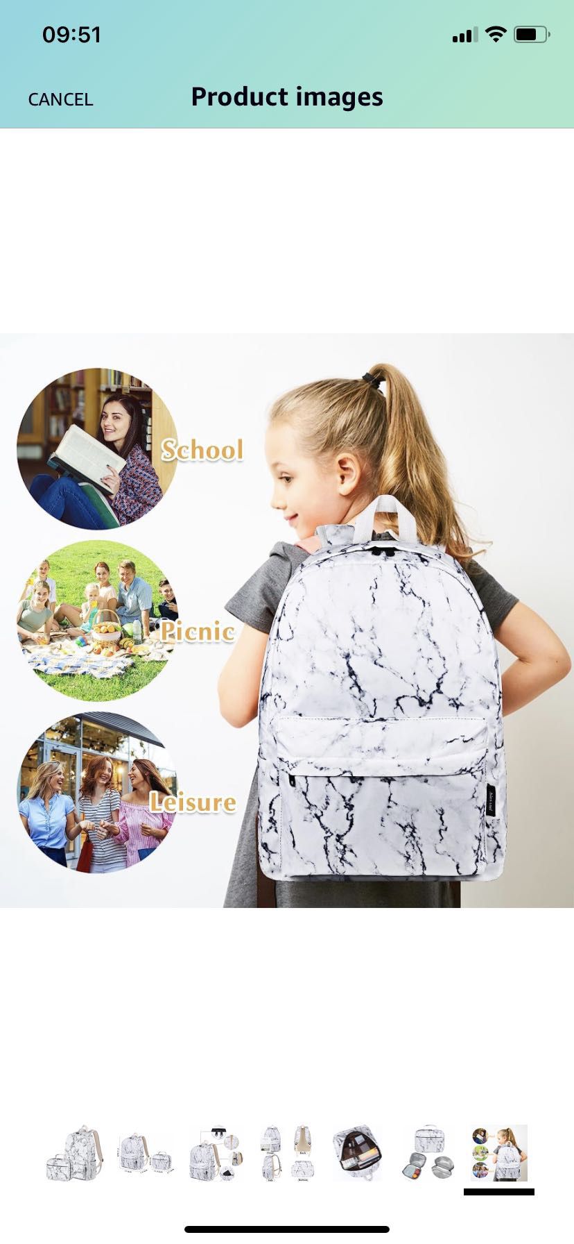 School Backpack  with Lunch Bag for Girls, Water Resistant Bookbag for Teen Girls Womens Backpack with Lunch Bag (Marble White) ( please follow my pag