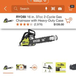 RYOBI 16 INCHES CHAINSAW 2 CICLE GAS WITH HEAVY DUTY CASE BRAND NEW 