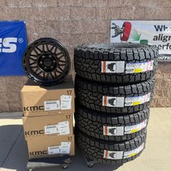 17x8.5 KMC KM555 Matte Black Wheels + 35x12.50R17 Falken A/T4W – 6x5.5 – Brand New – Premium Package