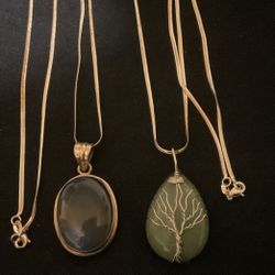 2 Sterling Silver 925 Necklaces With Large Pendants With Genuine Stone