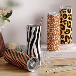 Leopard Tumbler, Leopard Print Skinny Tumbler with Lid and Straw