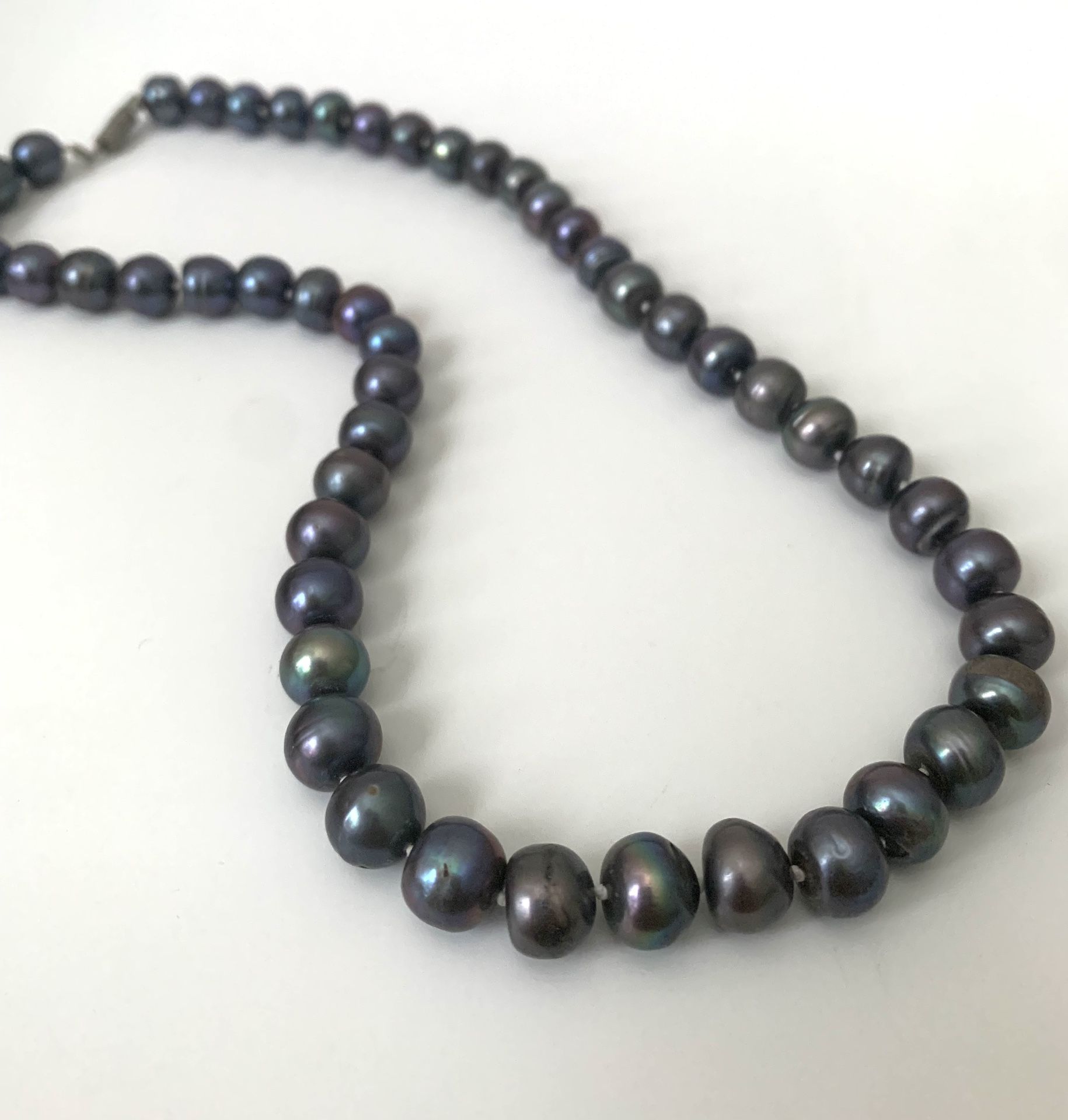 Vintage Baroque Black Cultured Freshwater Pearl Necklace / Choker, Knotted, 16.5” Long, Pearl Size 8-10mm